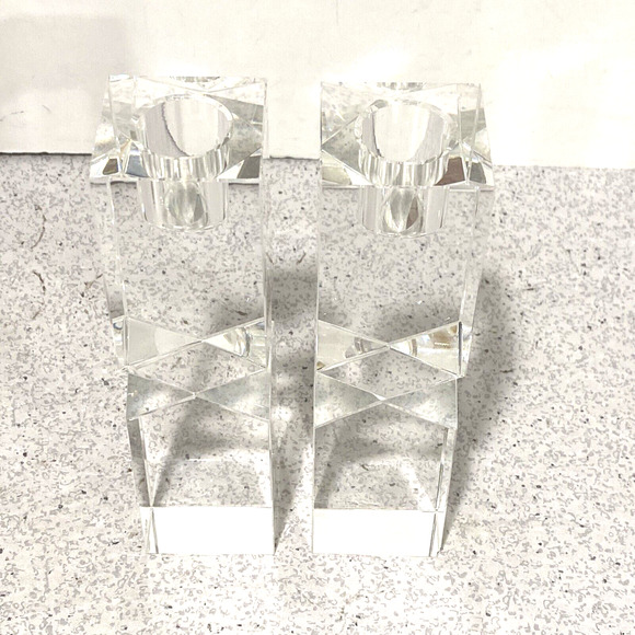 Vintage 1980s Oleg Cassini Lexington Crystal Candlestick Holders Clear Geometric - Picture 8 of 11